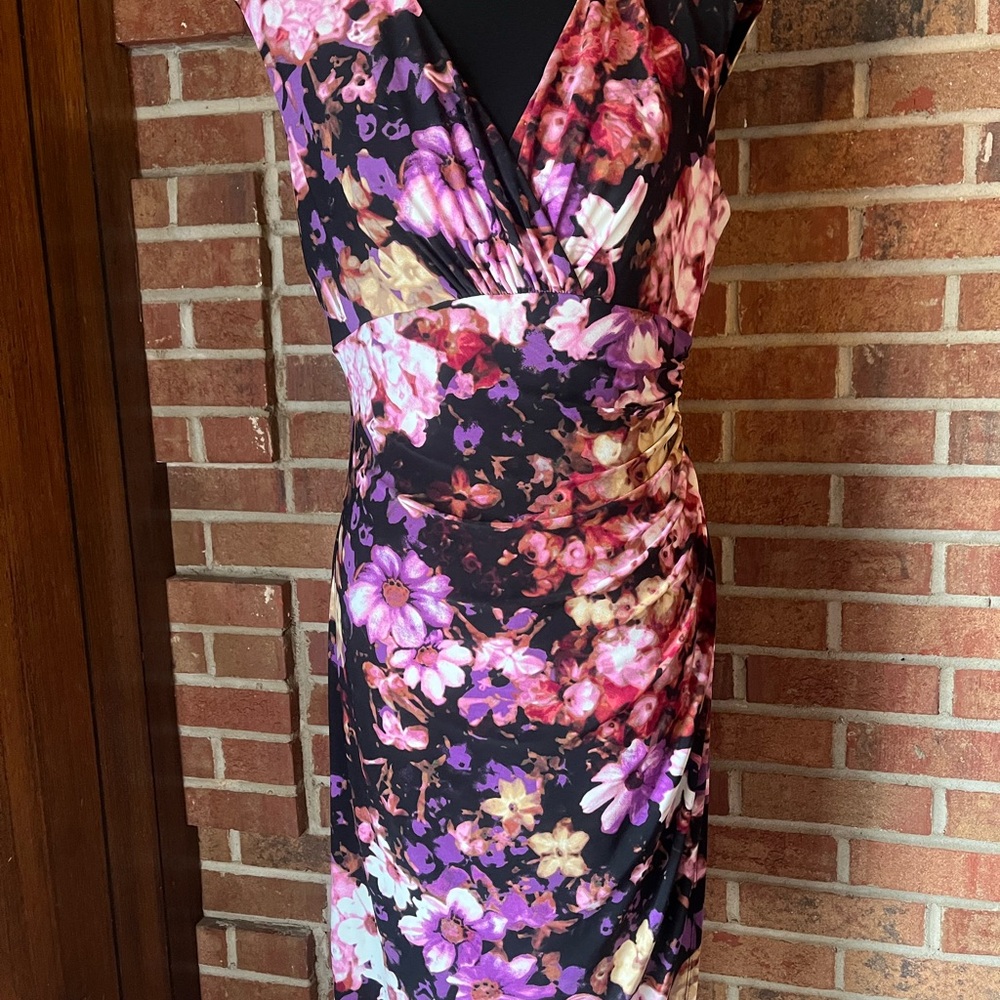 Lauren Ralph Lauren Women 10 Purple Stretch Jersey Faux Wrap Floral V Neck Dress